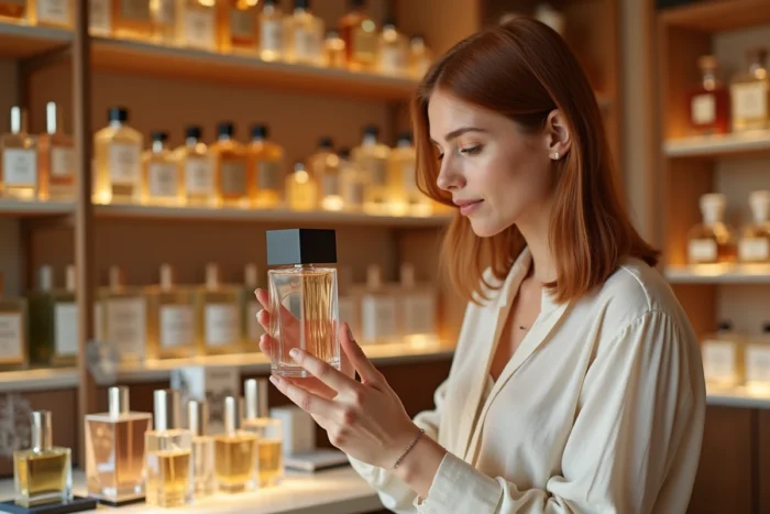Femme examinant un flacon de parfum dans une parfumerie élégante aux étagères garnies de nombreuses fragrances