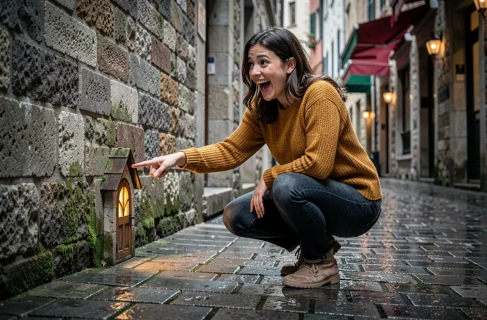 Jeune femme découvrant une petite porte féerique illuminée dans une ruelle pavée d'une vieille ville européenne sous la pluie