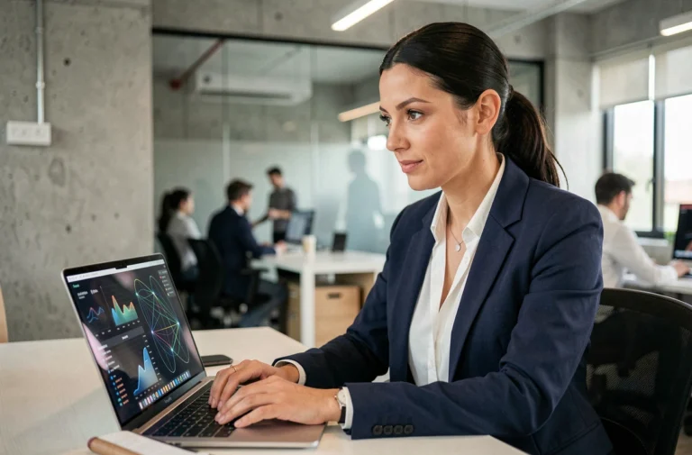 Une femme professionnelle interagissant avec une interface d'intelligence artificielle sur un ordinateur portable dans un bureau moderne
