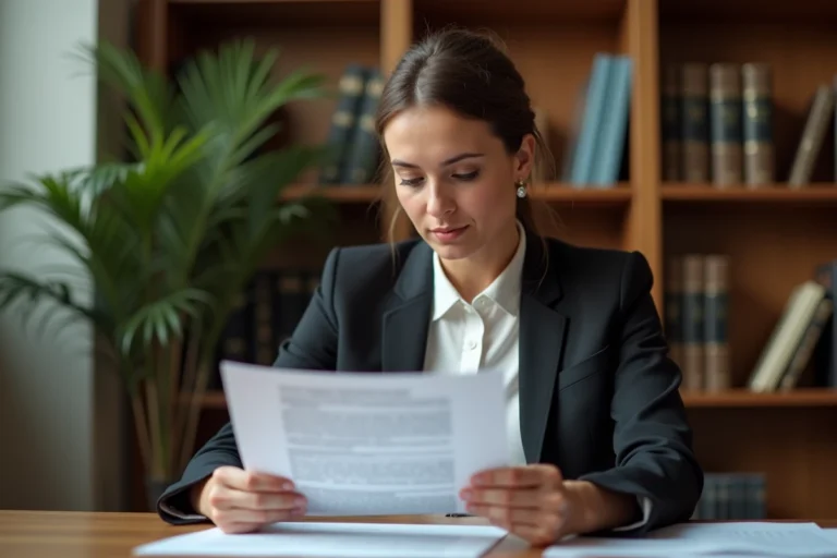 Femme professionnelle révisant un contrat de bail à son bureau dans un cadre juridique