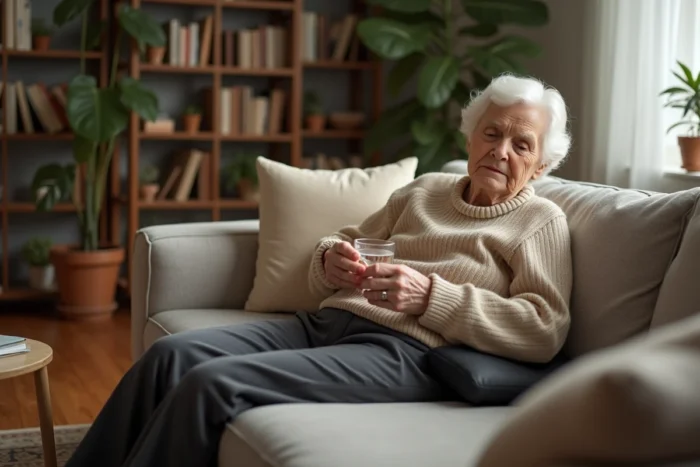 Femme âgée se reposant à la maison sur un canapé avec un coussin lombaire après une infiltration, tenant un verre d'eau et un pilulier