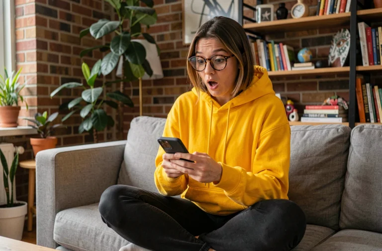 Jeune femme surprise en train de découvrir des actualités insolites virales sur son smartphone dans un appartement moderne