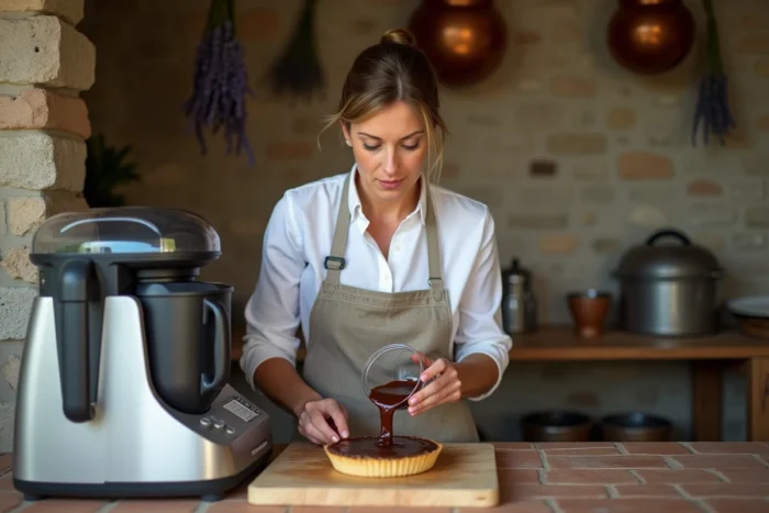 Femme utilisant le Thermomix pour préparer une ganache au chocolat dans une cuisine de style ferme française avec tarte et ustensiles en cuivre