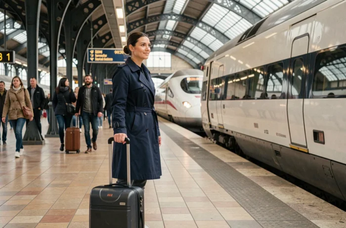 Femme voyageant en train TGV sur un quai de gare parisienne avec sa valise à roulettes