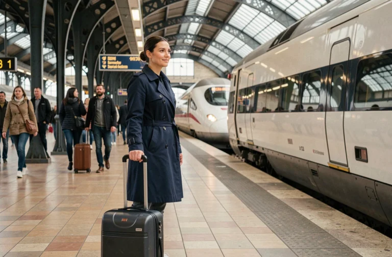 Femme voyageant en train TGV sur un quai de gare parisienne avec sa valise à roulettes