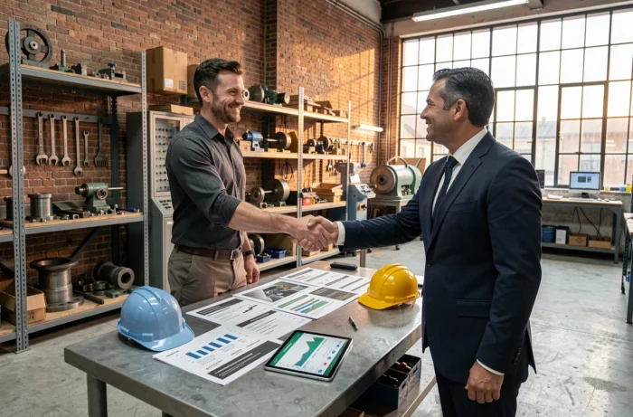 Entrepreneur et conseiller financier discutant du financement d'équipements professionnels dans un atelier industriel