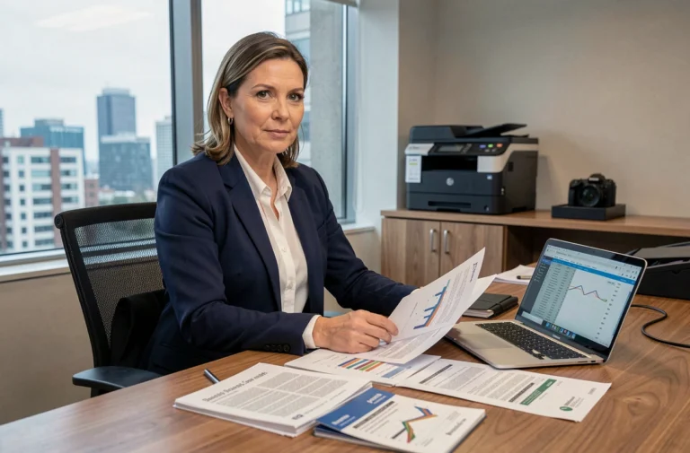 Femme d'affaires évaluant des options de financement de matériel professionnel dans un bureau moderne