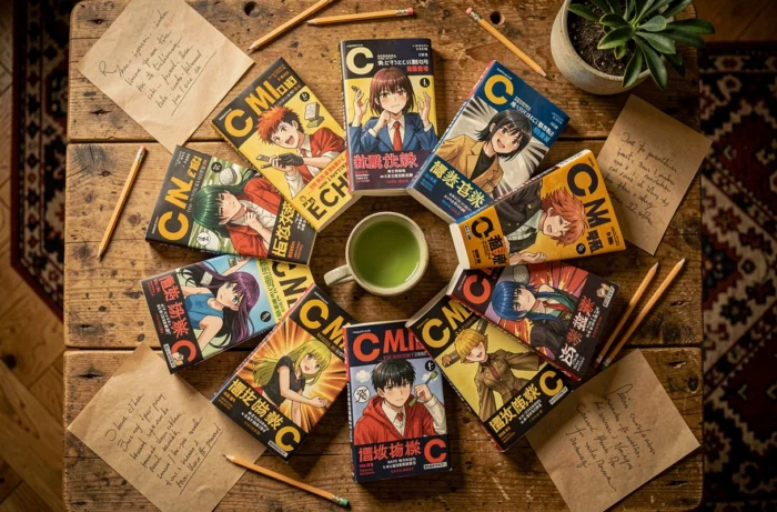 Vue aérienne d'une collection de mangas célèbres commençant par la lettre C disposés en flat lay sur une table en chêne avec accessoires de lecture