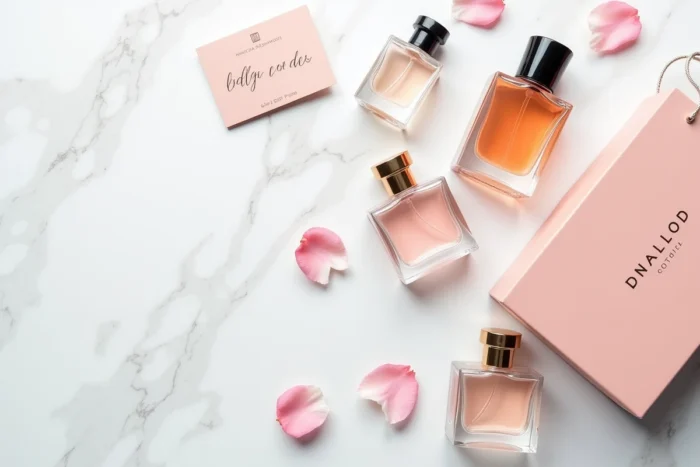 Disposition à plat de flacons de parfum de luxe avec un code promo et un sac shopping sur marbre blanc