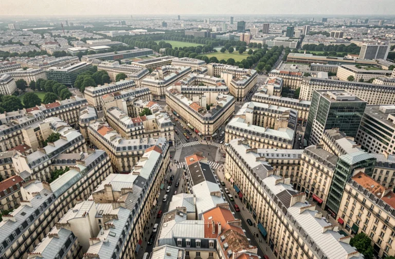 Vue aérienne d'une ville dense montrant la diversité des formes urbaines, des îlots haussmanniens aux tracés modernes