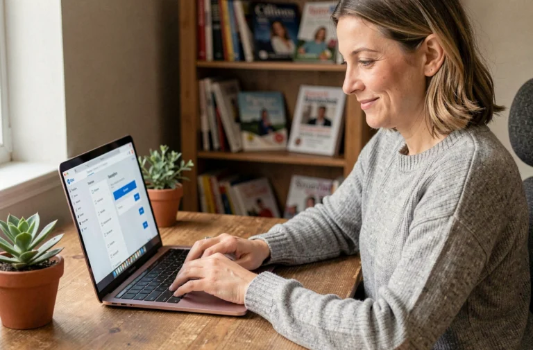 Femme gérant son abonnement au magazine Psychologies sur un ordinateur portable dans un bureau à domicile