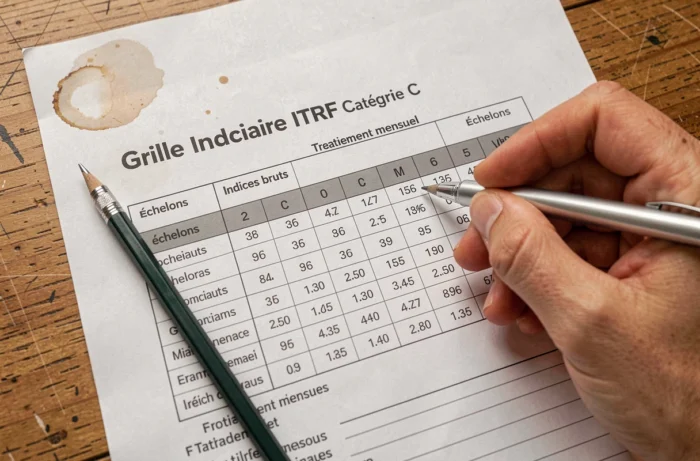 Document imprimé de la grille indiciaire ITRF catégorie C avec annotations manuscrites sur un bureau en bois