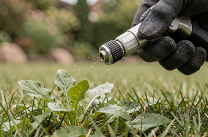 Gros plan de la buse d'un pulvérisateur appliquant un traitement sélectif sur un gazon avec mauvaises herbes visibles