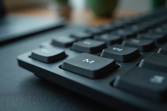 Gros plan sur la touche M d'un clavier QWERTY avec mise au point nette sur le caractère gravé