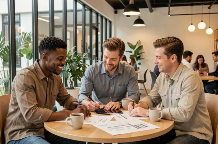 Groupe d'entrepreneurs collaborant autour d'un plan d'affaires dans un espace de coworking moderne