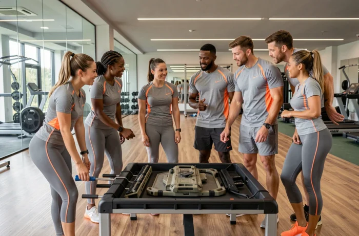 Groupe de sportifs et entraîneur analysant une stratégie tactique dans une salle de sport moderne, reflet de l'actualité sportive contemporaine