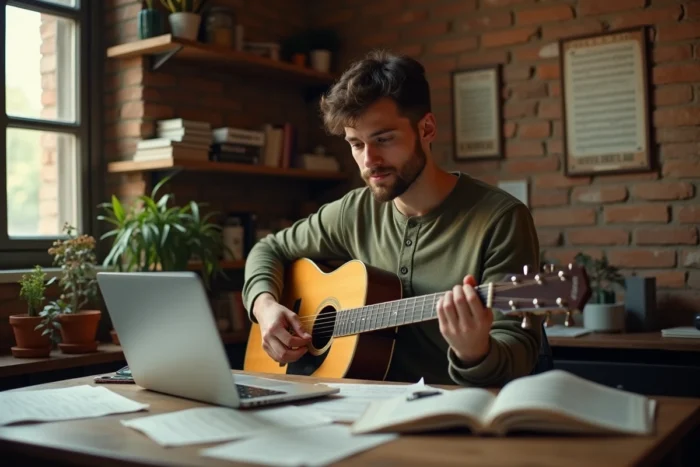 Jeune guitariste consultant des tablatures de guitare gratuites sur ordinateur portable avec partitions imprimées sur son bureau en bois