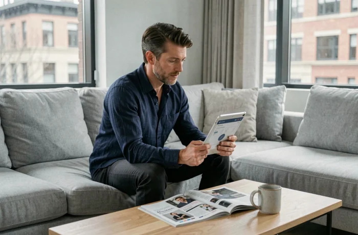 Homme consultant son abonnement Psychologies Magazine sur une tablette dans un salon moderne