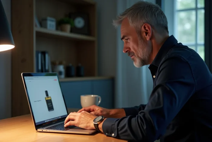 Homme consultant le site de La Grande Parfumerie sur un ordinateur portable à son bureau à domicile