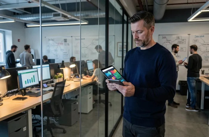 Homme analysant des tendances web et des données digitales sur une tablette dans un bureau de startup technologique