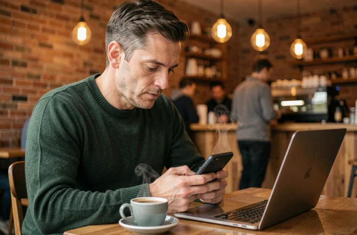 Homme consultant l'application de covoiturage Karos sur smartphone dans un café avant un trajet quotidien