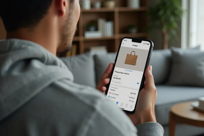 Homme consultant les options de livraison gratuite sur l'application Vinted depuis son smartphone