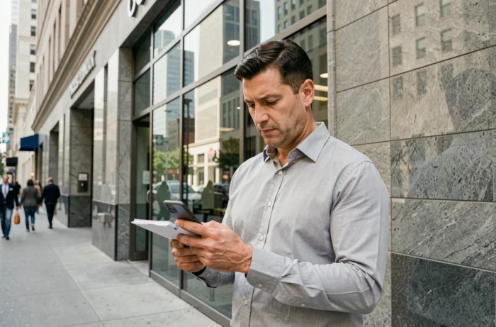 Homme devant une grande banque nationale tenant des documents de prêt immobilier et consultant son téléphone