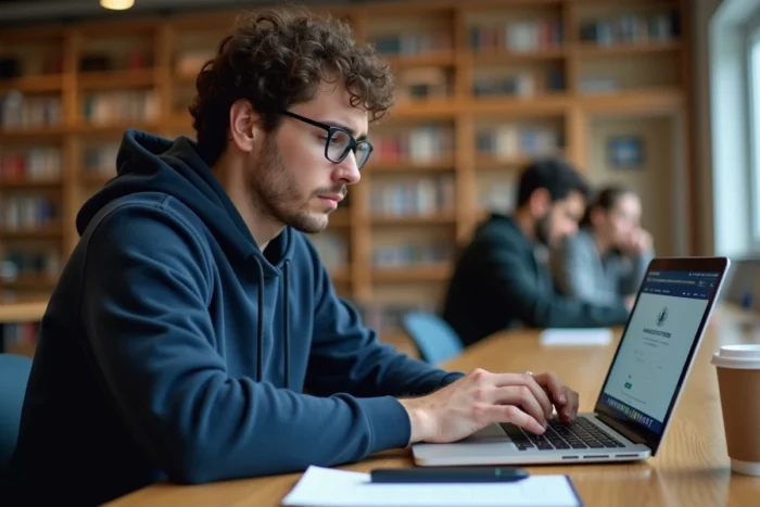 Homme consultant un portail administratif en ligne dans une bibliothèque pour annuler une demande de titre de séjour
