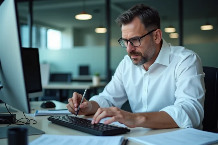 Homme en bureau montrant la touche M sur un clavier QWERTY avec un stylo dans un environnement professionnel