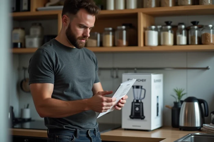 Homme lisant le manuel d'un mixeur Top Chef dans une cuisine d'appartement contemporaine
