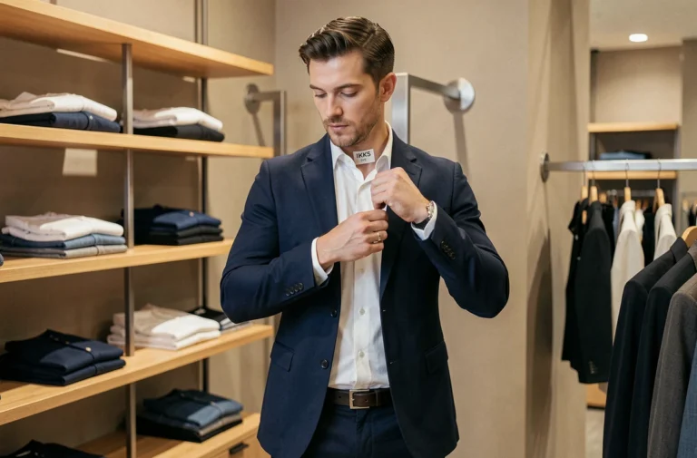 Homme consultant l'étiquette de taille d'un blazer IKKS dans une boutique de mode masculine moderne