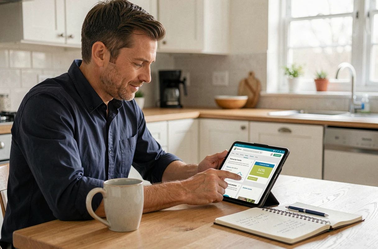 Homme comparant des offres de crédit sur une tablette à la table de la cuisine