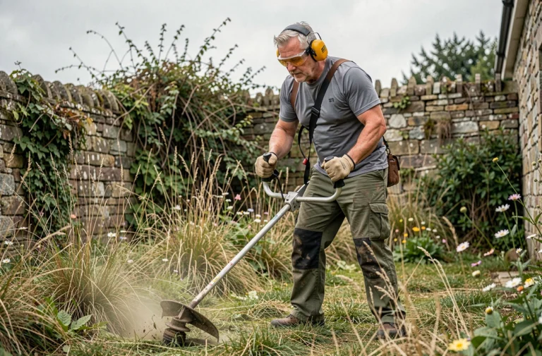 Homme utilisant une débroussailleuse à moteur thermique pour couper les herbes hautes en bordure d'un jardin rural