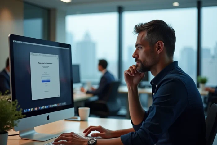 Homme face à un message d'erreur lors de la connexion à un compte sur un ordinateur de bureau en entreprise