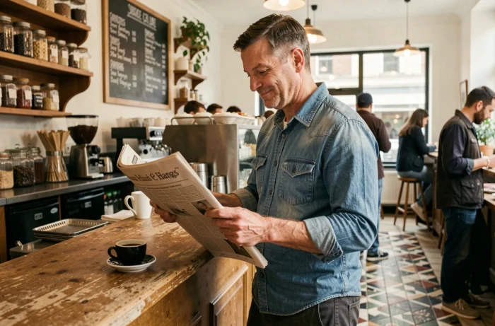 Homme lisant un journal papier avec amusement dans un café branché, découvrant des faits insolites et des tendances actuelles