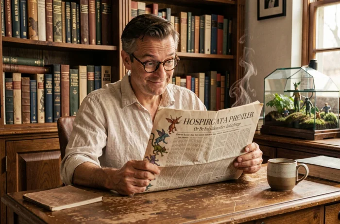 Homme lisant un journal insolite avec des illustrations fantastiques dans un bureau vintage chaleureux et encombré de livres