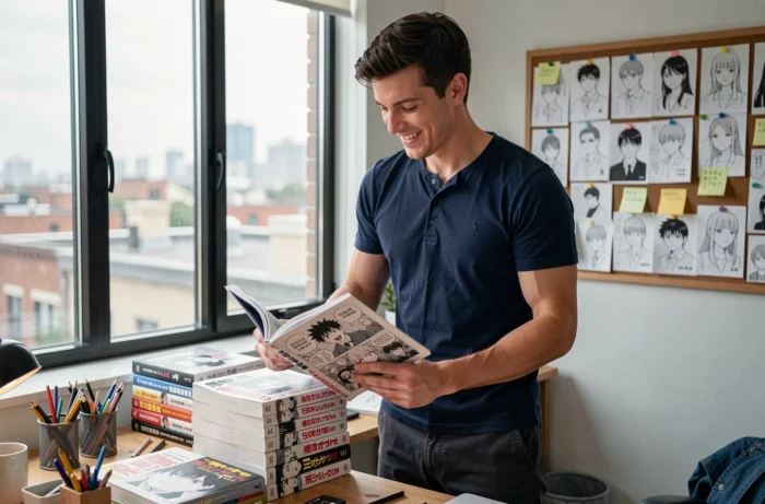 Homme feuilletant des mangas populaires commençant par C dans un appartement urbain moderne avec tableau de références artistiques