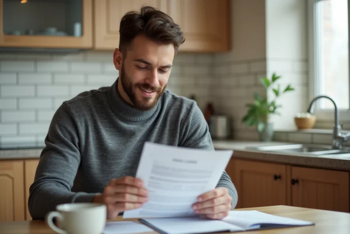Homme numérisant un contrat de bail avec son smartphone dans une cuisine moderne