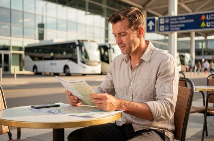Homme planifiant son itinéraire de voyage avec carte et smartphone devant un terminal d'aéroport européen