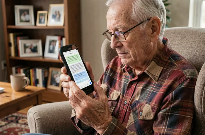 Homme senior avec lunettes lisant un SMS sur un téléphone Doro dans un salon