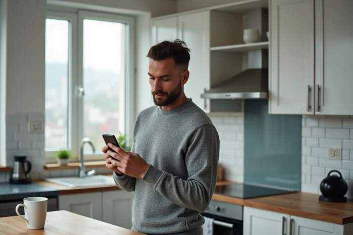 Homme consultant une application de location sur smartphone en cherchant un remboursement 123 Loger