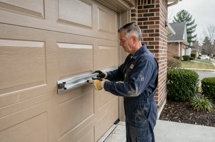 Technicien en train d'installer les panneaux d'une porte de garage sectionnelle sur une maison résidentielle