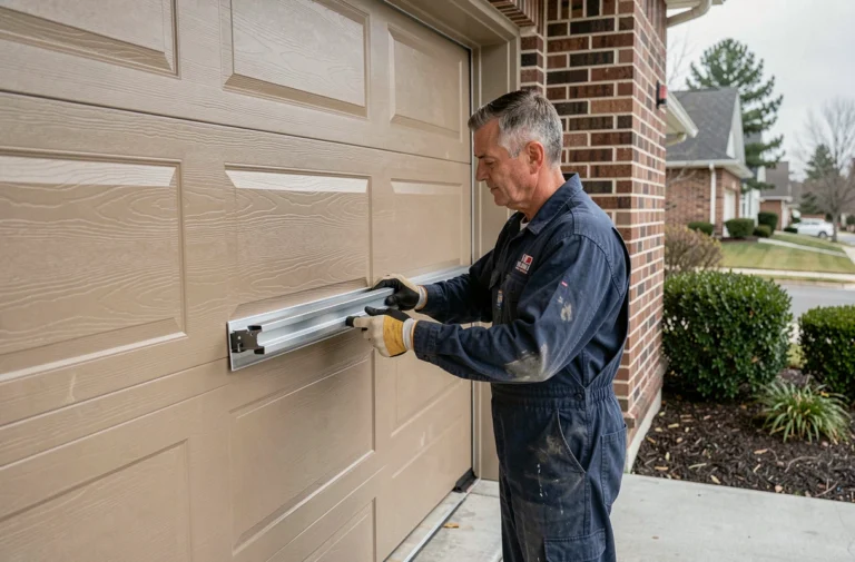 Technicien en train d'installer les panneaux d'une porte de garage sectionnelle sur une maison résidentielle