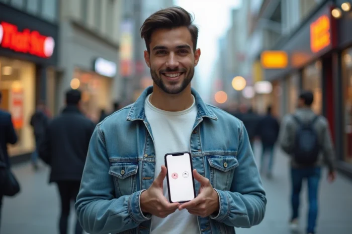 Homme utilisant iTranslate dans la rue pour traduire une conversation en temps réel