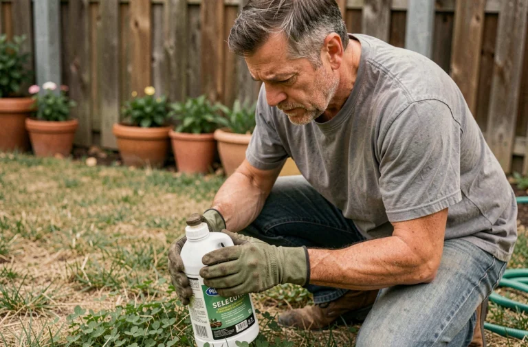 Jardinier lisant l'étiquette d'un traitement sélectif herbicide pour gazon dans un jardin résidentiel