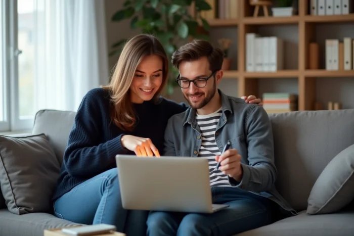 Jeune couple comparant des mutuelles santé sur un ordinateur portable dans leur salon moderne et lumineux