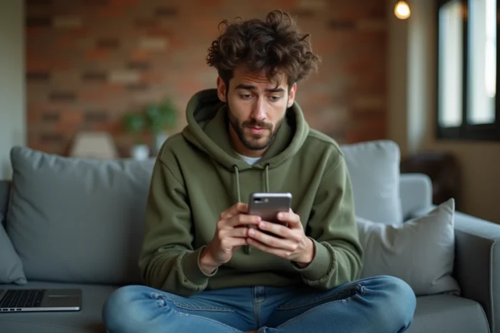 Jeune personne consultant son smartphone pour résoudre un problème de connexion à son compte depuis son salon