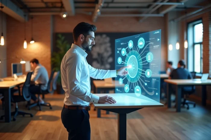 Jeune professionnel interagissant avec une interface numérique d'automatisation des flux B2B dans un espace de travail startup moderne