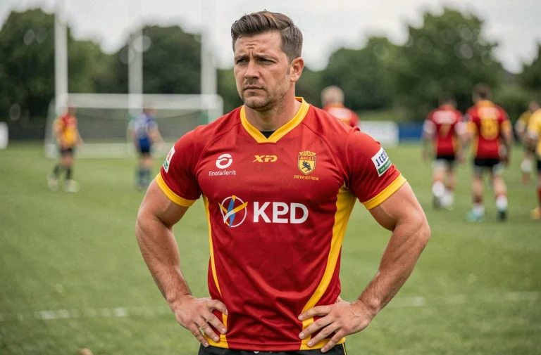 Joueur de rugby de l'ASM Clermont en maillot rouge et jaune sur le terrain d'entraînement, regard pensif évoquant les rumeurs de transfert