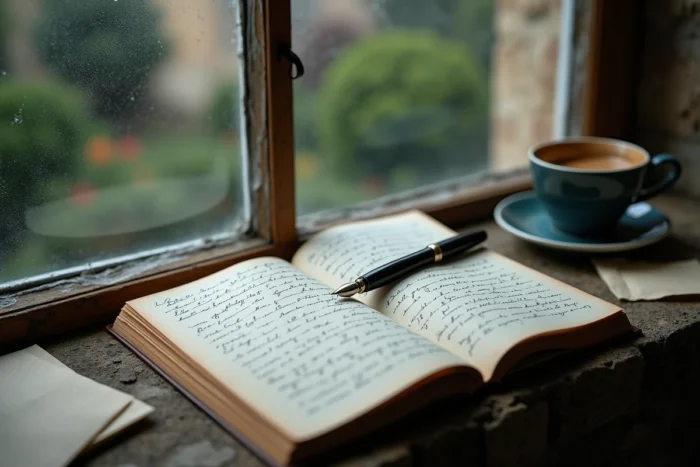 Journal manuscrit ouvert avec stylo plume sur un rebord de fenêtre évoquant l'identité secrète d'un auteur